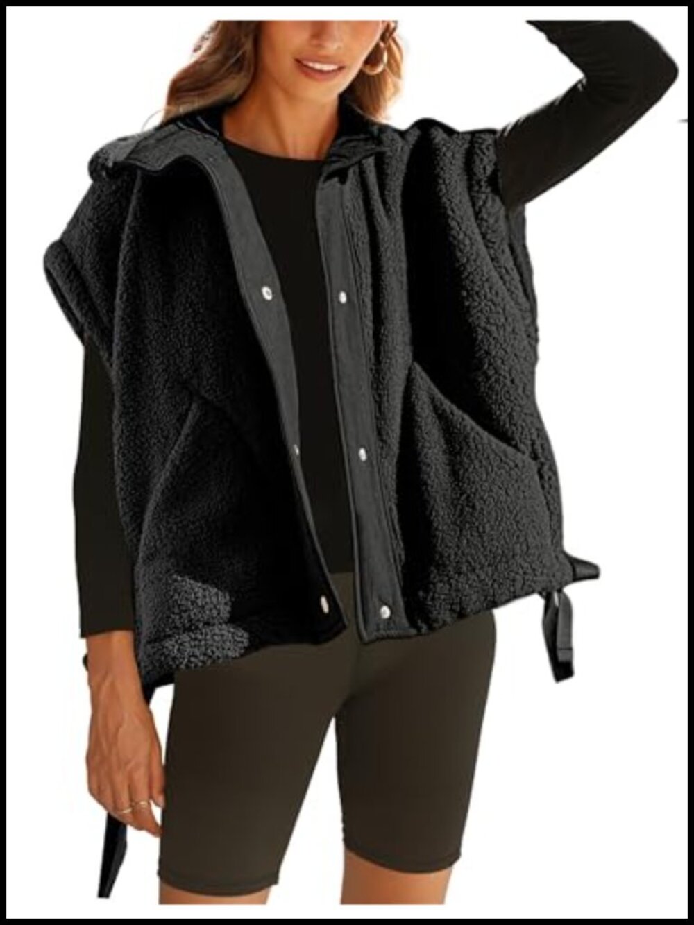 Sleeveless Fleece Vest with Pockets Button Down Drawcord Hem